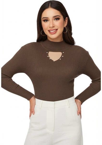 Kadın Yarım Yakalı Ve Taşlı Uzun Kollu Örme Triko Kazak