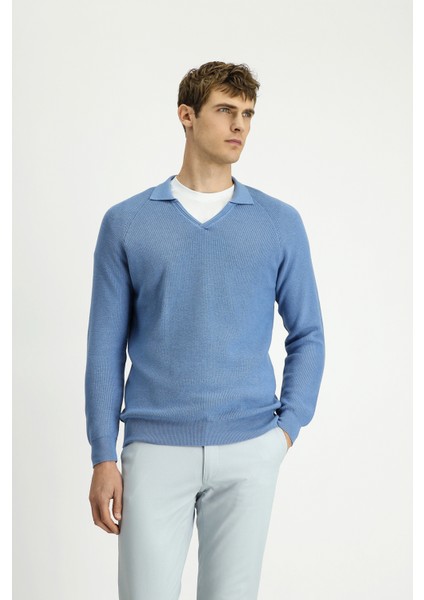 Polo Yaka Slim Fit Dar Kesim Desenlli Pamuklu Yünlü Triko Kazak