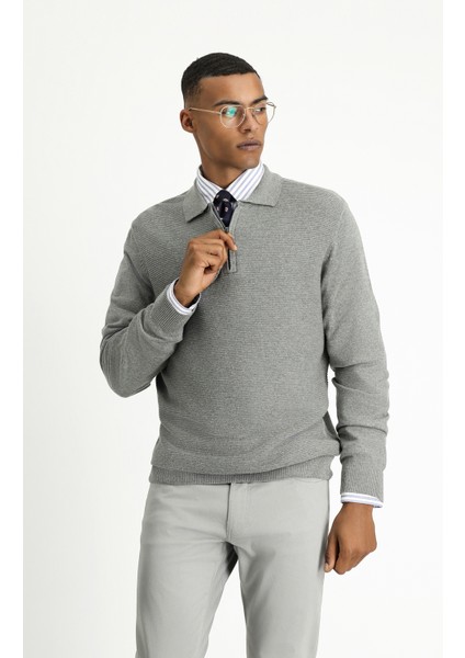 Polo Yaka Regular Fit Fermuarlı Desenli Pamuklu Triko Kazak