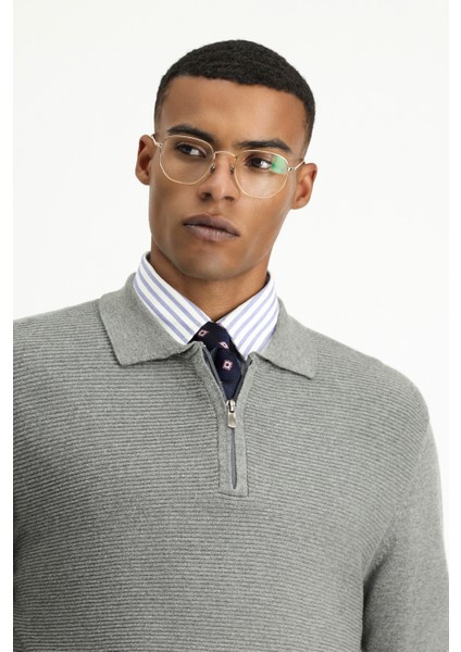 Polo Yaka Regular Fit Fermuarlı Desenli Pamuklu Triko Kazak modelleri