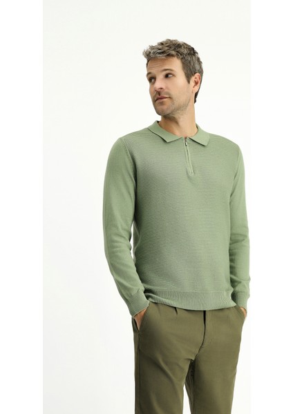 Polo Yaka Regular Fit Fermuarlı Desenli Pamuklu Triko Kazak