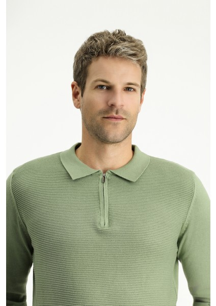 Polo Yaka Regular Fit Fermuarlı Desenli Pamuklu Triko Kazak fiyatları