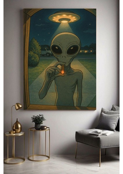 Sigara Içen Uzaylı Ev Duvar Salon Güzelli̇k Salonu Ofi̇s Dükkan Dekarasyon Kanvas Tablo