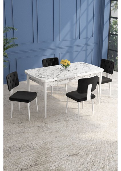 Lars Beyaz Mermer 80X132 Açılabilir Mdf Masa Yemek Odası Takımı,mutfak Takımı 4 Adet Sandalye