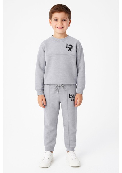 Baskılı Nakışlı Gri Melanj Renk Erkek Çocuk Eşofman Takımı