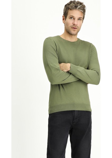 Bisiklet Yaka Slim Fit Dar Kesim Desenli Pamuklu Triko Kazak