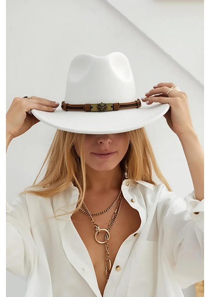 Deri Kemer Detaylı Beyaz Nubuk Kovboy Şapkası fiyatları