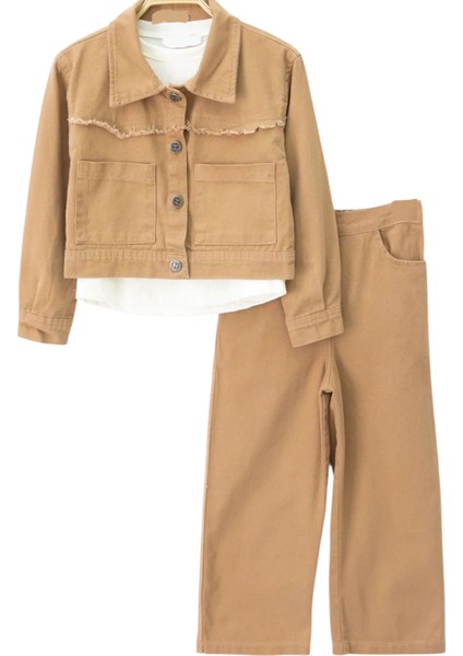 Kız Çocuk Kahverengi Gabardin Ceket Pantolon Badili Üçlü Takım