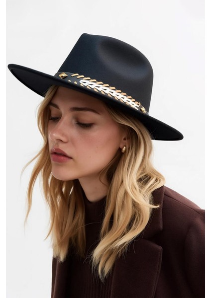 Etnik Şeritli Bohem Fedora Şapka - Siyah