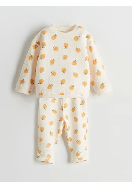 Lcw Kids Bej Bisiklet Yaka Baskılı Kız Çocuk Sweatshirt ve Eşofman Alt 2'li