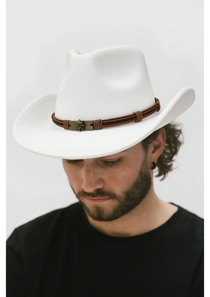 Erkek Deri Detaylı Beyaz Nubuk Kovboy Şapkası