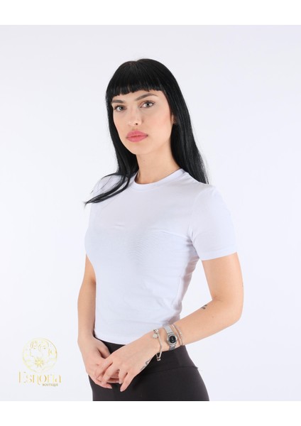Kısa Kollu Basic Crop Tişört Beyaz indirimleri