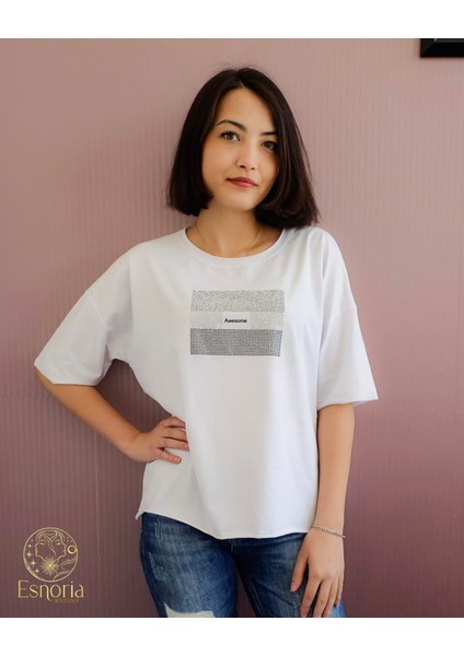 Awesome Baskılı Pullu Tişört Beyaz