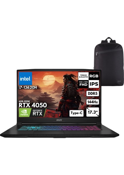 Msı Katana 17 I7-13620H 40-Gbddr5 1 Tbssd RTX4050 (8GB-105W) 17.3" Fhd 144Hz Windows 10 Home + Hmf Sırt Çantası B13VEK-1035XTRHMF85