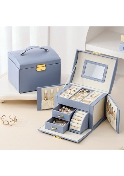 Mk-27 Premium Seri Mücevher Takı Kutusu - Bilezik Yüzük Takı Altın Kutusu - Mücevher Saklama Kutusu Gök Mavisi Renk