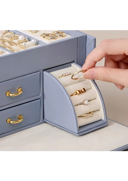 Mk-27 Premium Seri Mücevher Takı Kutusu - Bilezik Yüzük Takı Altın Kutusu - Mücevher Saklama Kutusu Gök Mavisi Renk