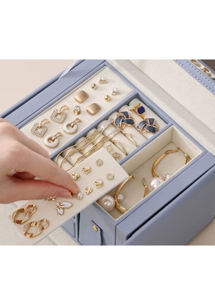 Mk-27 Premium Seri Mücevher Takı Kutusu - Bilezik Yüzük Takı Altın Kutusu - Mücevher Saklama Kutusu Gök Mavisi Renk