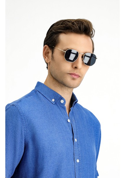 Kısa Kol Regular Fit Spor Düğmeli Yaka Denim Görünümlü Gömlek