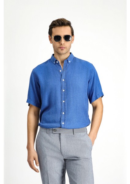 Kısa Kol Regular Fit Spor Düğmeli Yaka Denim Görünümlü Gömlek fiyatları