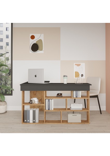 Corner Kitaplık Raflı Çalışma Masası Çam-Antrasit Cor5-Aa fırsatları
