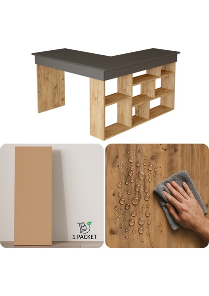 Corner Kitaplık Raflı Çalışma Masası Çam-Antrasit Cor5-Aa