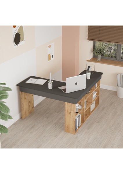 Corner Kitaplık Raflı Çalışma Masası Çam-Antrasit Cor5-Aa fiyatları