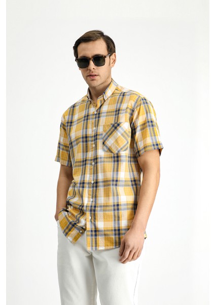 Kısa Kol Regular Fit Ekose Spor Düğmeli Yaka Pamuk Gömlek
