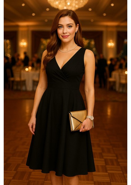 Kadın Sıfır Kol Kruvaze Yaka Eteği Kloş Abiye Elbise