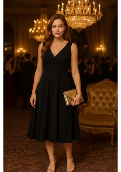 Kadın Sıfır Kol Kruvaze Yaka Eteği Kloş Abiye Elbise modelleri