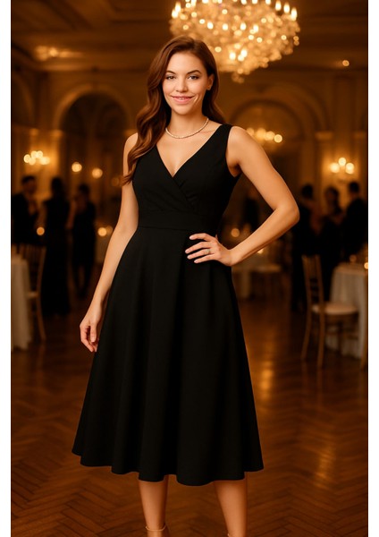 Kadın Sıfır Kol Kruvaze Yaka Eteği Kloş Abiye Elbise fırsatları