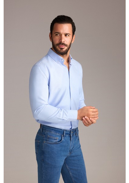 Uzun Kol Slim Fit Düğmeli Yaka Oxford Pamuklu Kolay Ütülenebilir Gömlek