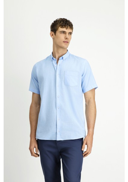 Kısa Kol Relaxed Fit Düğmeli Yaka Keten Görünümlü Pamuk Spor Gömlek