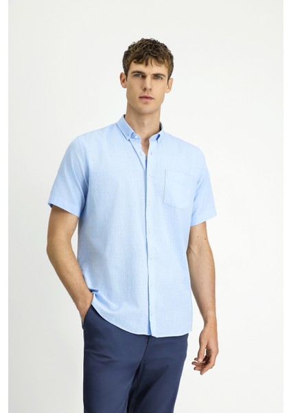 Kısa Kol Relaxed Fit Düğmeli Yaka Keten Görünümlü Pamuk Spor Gömlek fırsatları