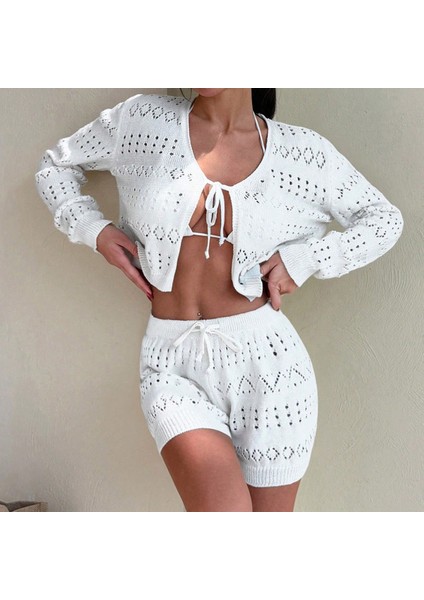 YZEL0004 Kadın Krem Bağcıklı Üst-Şortlu Pareo Plaj Takım