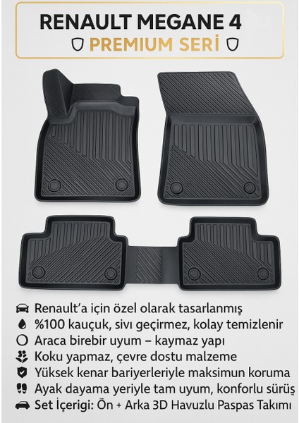 Renault Megane 4 Uyumlu 3D Havuzlu Oto Paspas – Premium Seri
