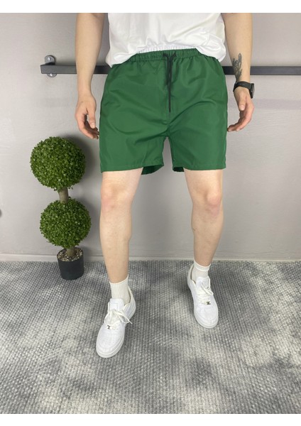 Regular Fit Kısa Boy Cepli File Astarlı Beli Bağcıklı Düz Hafif Kumaş Deniz Şortu