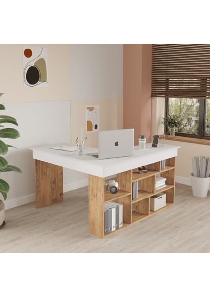 Corner Kitaplık Raflı Çalışma Masası Çam-Antrasit Cor5-Aw