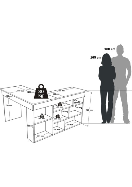 Corner Kitaplık Raflı Çalışma Masası Çam-Antrasit Cor5-Aw