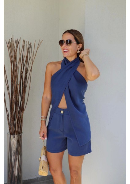 Lacivert Boyun Çapraz Detay Bluz