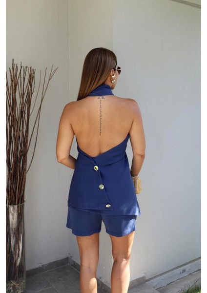 Lacivert Boyun Çapraz Detay Bluz fırsatları