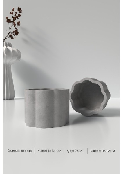 Floral Mumluk ve Saksı Beton Silikon Kalıp - Dekoratif Mumluk Beton Kalıbı Çap 9cm Yükseklik 6.4cm