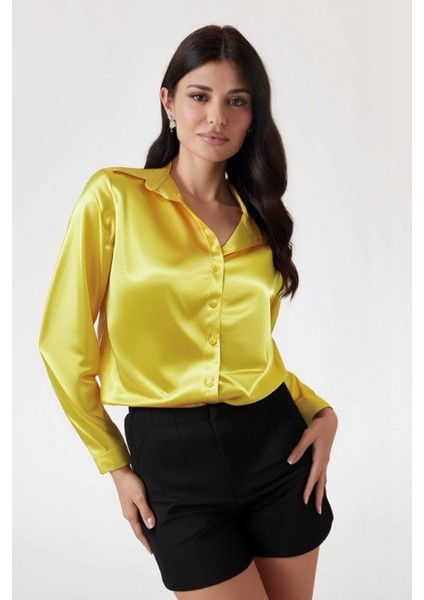Kadın Sarı Hafif Dökümlü Saten Yüzeyli Gömlek HZL22W-BD139641