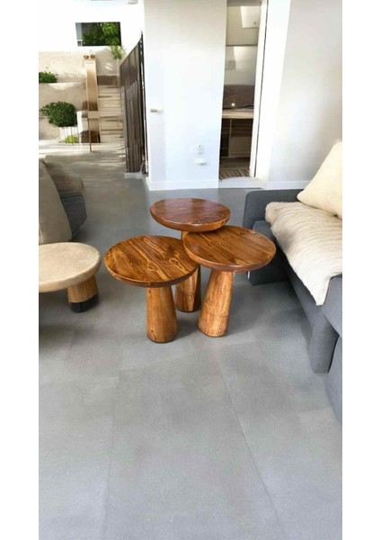 Açık Ceviz Renk Masif Ahşap Mantar Sehpa – 3’lü Zigon Fiskos Sehpa Seti fiyatları