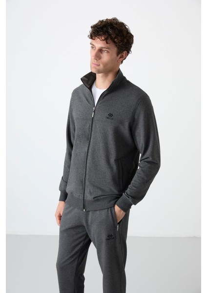 Antrasit Melanj Erkek Dik Yaka Fermuarlı Slim Fit Klasik Paça Eşofman Takımı-85072 fırsatları