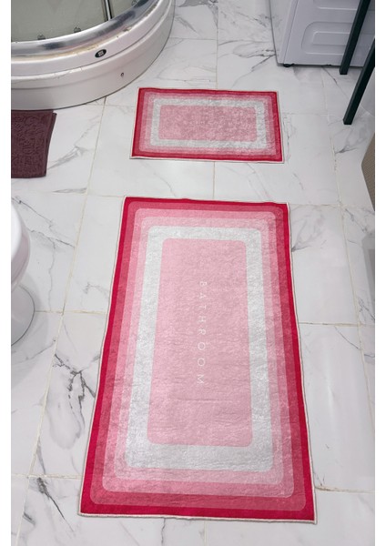 Bathroom Desenli Eko Banyo Paspası, Kaymaz Taban, Makinada Yıkanabilir, Dijital Baskı 2'li Set