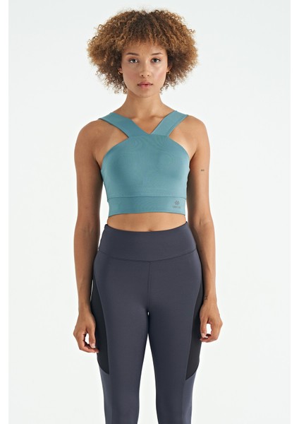 Mint Yeşili Logo Baskılı Dar Kalıp Dalgıç Kumaş Kadın Büstiyer - 97259