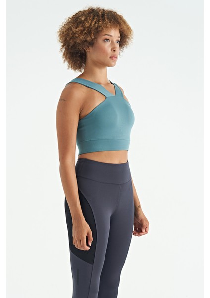 Mint Yeşili Logo Baskılı Dar Kalıp Dalgıç Kumaş Kadın Büstiyer - 97259 modelleri