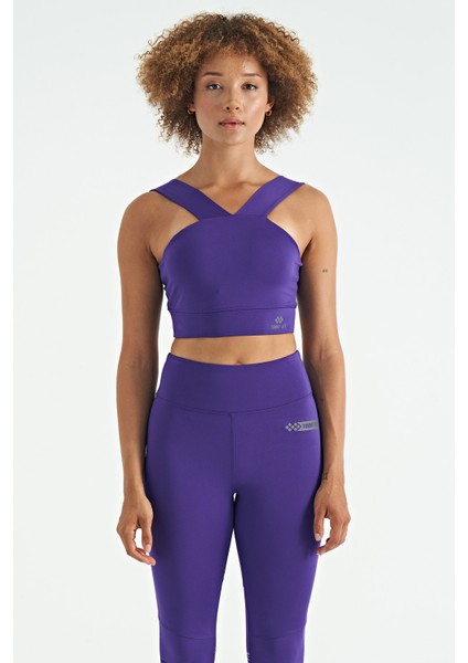 Koyu Mor Logo Baskılı Dar Kalıp Dalgıç Kumaş Kadın Büstiyer - 97259