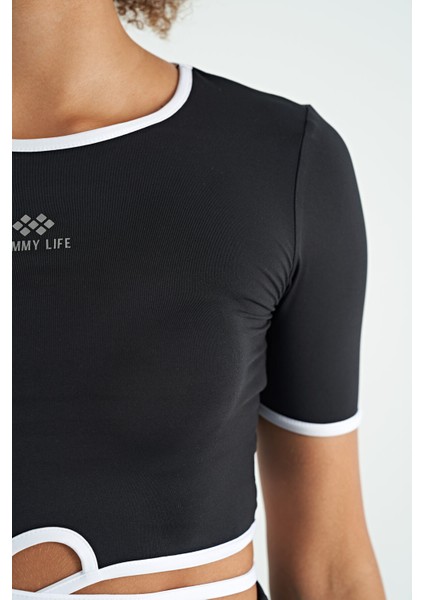 Siyah Bel Bağlama Detaylı O Yaka Standart Kalıp Dalgıç Kumaş Kadın Crop T-Shirt - 97266 modelleri