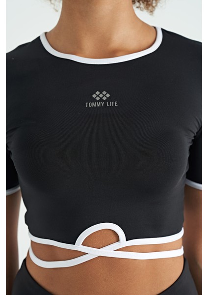 Siyah Bel Bağlama Detaylı O Yaka Standart Kalıp Dalgıç Kumaş Kadın Crop T-Shirt - 97266 fırsatları